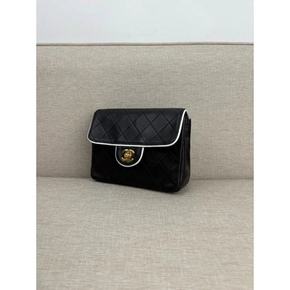 CHANEL Black Lambskin Mini Square Flap Bag White Trim GHW